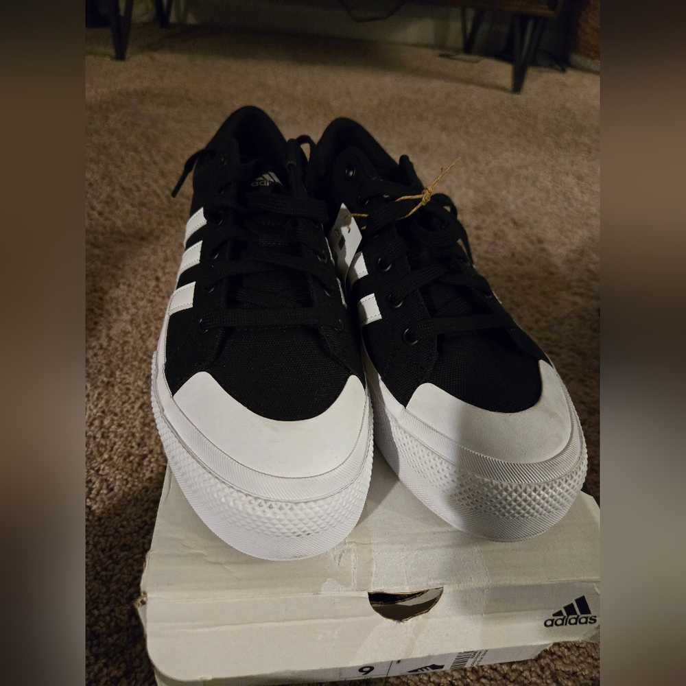 Adidas Black Canvas Platform Sneaker with White Stripes - Picture 5 of 10